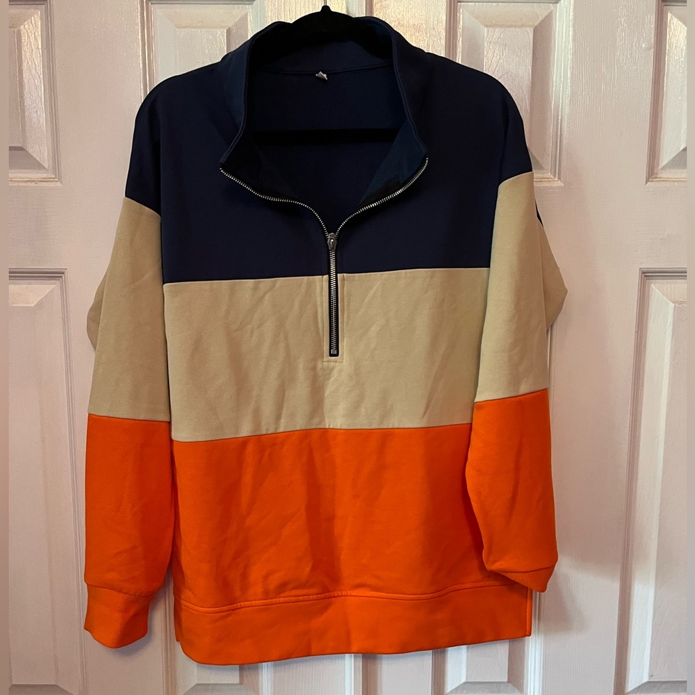Colorblock Half-Zip Sweater - Navy, Beige, and Orange
